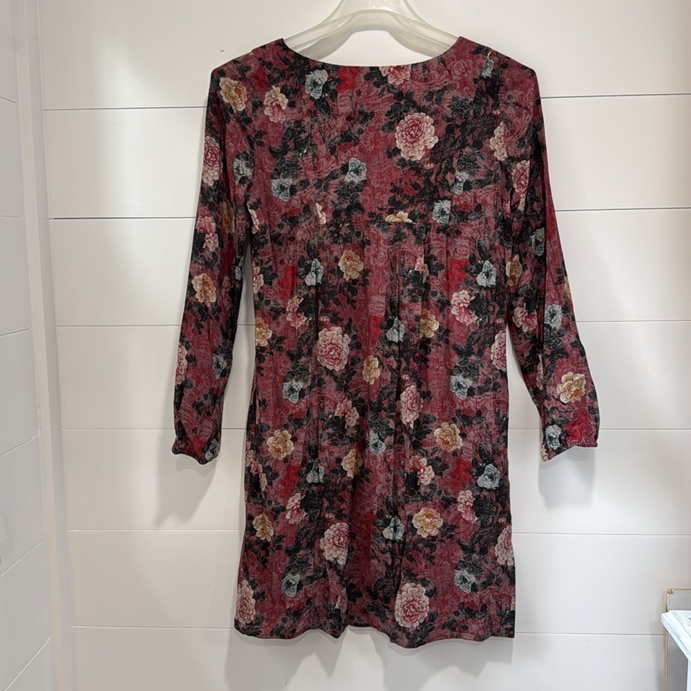 Peruvianan Connection Red Black Floral Lace Up Babydoll Dress Long Sleeve Small - Picture 7 of 8